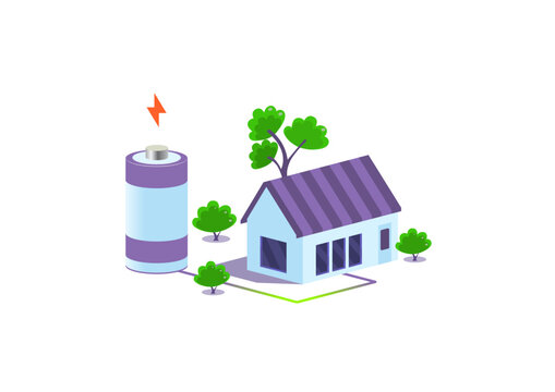 Renewable Green Electricity Storage Battery Powering A House. Green Infrastructure Vector Concept Illustration