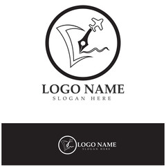 Fototapeta premium travel blog logo of airplane pen and book illustration design vector icon template
