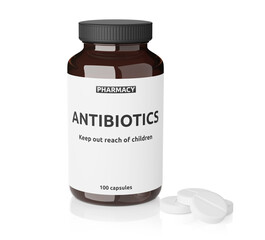 Bottle with antibiotics isolated on white background