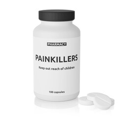 Bottle with painkiller tablets isolated on white background