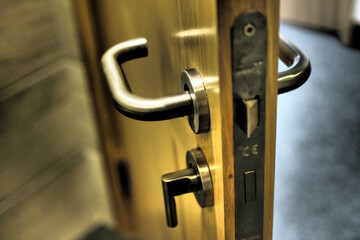 Chrome door handle with internal lock on wooden door.