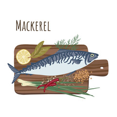 Mackerel with seasonings on a wooden tray. Flat style. Dill, lemon, allspice, Caraway, Bay leaf, Garlic, Mustard, Scallion, Chili pepper.