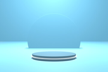 White neon light with podium blue scene 3d illustration rendering in blue background for flyer display products, design advertising and etc