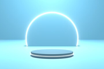 White neon light with podium blue scene 3d illustration rendering in blue background for flyer display products, design advertising and etc