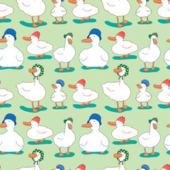 Seamless Pattern with Duck Illustration Design on Light Green Background