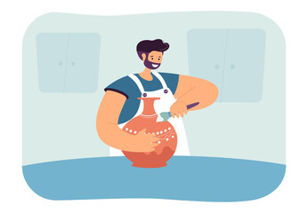 Happy man in apron painting ornament on vase. Male character with brush and ceramic pot in workshop or studio flat vector illustration. Pottery, hobby concept for banner or landing web page