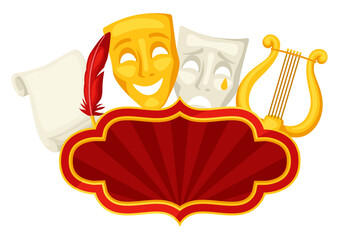 Background with traditional theatre symbols. Illustration for theatrical performance.