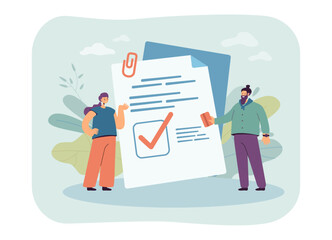 Happy man with credit card getting loan from bank. Document or contract with check in checkbox flat vector illustration. Banking, agreement concept for banner, website design or landing web page