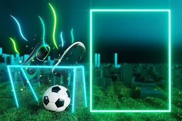 football ball object in the abstract background. light neon shape digital concept. ball symbol graphic sports. 3d illustrator. trophy cup element. space night glitter effect. copy space frame line.