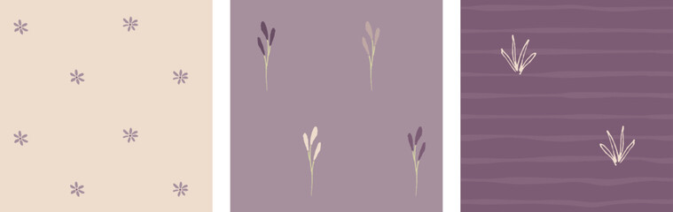 Set of soft purple patterns with ditsy flowers, Vector seamless backgrounds with hand drawn elements. For fabrics, clothing, holidays, packaging paper, decoration.