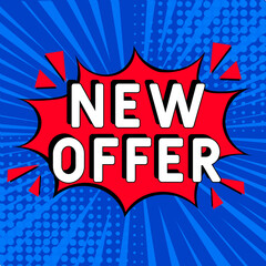 Giveaway banner design template. Social media poster design. Comic book explosion with text New offer, vector illustration. New offer banner pop art. 