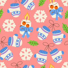 Seamless pattern of christmas fire candle, mittens with bow, snowflake, leaves. Holiday festive decoration. Hygge, cozy xmas household. Merry Christmas, Happy New Year 2023. Greeting card, banner, web