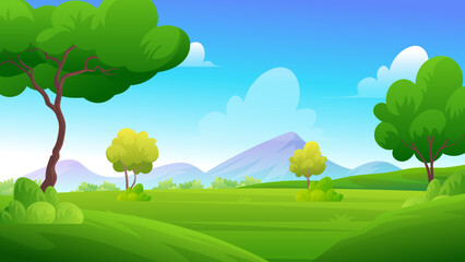 Summer forest nature landscape with mountains green field, trees under blue sky