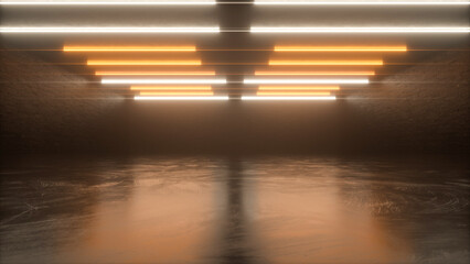 Room with orange neon lights, production showroom - 3D rendering