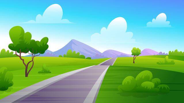 Highway, empty asphalted  road with nature landscape with mountains green field, trees under blue sky