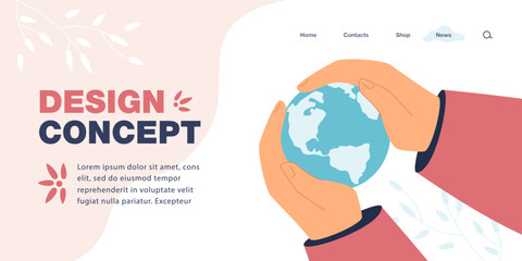 Hands holding planet earth flat vector illustration. Globe in mans hands. Person taking care of environment, saving planet. Ecology, protection concept for banner, website design or landing web page