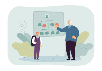 Elderly teacher showing schoolboy family tree on blackboard. Student looking at scheme with family relations and relatives flat vector illustration. Education, family concept for banner