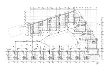 Multistory building detailed architectural technical drawing, vector blueprint floorplan layout