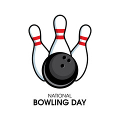 National Bowling Day vector. Three white bowling pins and a black ball icon vector. Bowling skittles drawing. Second Saturday in August. Important day