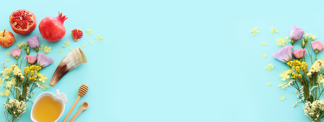 Rosh hashanah (jewish New Year holiday) concept. Traditional symbols