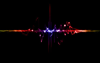 Heart rate in the form of multi-colored lines on a black background. Abstract realistic nature lightning thunder background . Bright curved line on isolated texture overlays.