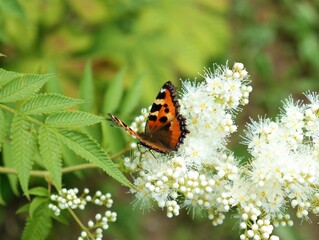 Butterfly urticaria sucks the nectar of the Sorbaria sorbifolia. Selective focus.