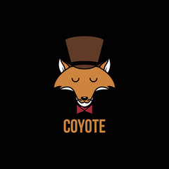 Gentleman coyote wear high hat and bow tie flat logo design