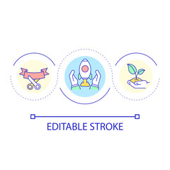 Announcing business startup loop concept icon. Launching new project abstract idea thin line illustration. First time entrepreneur. Isolated outline drawing. Editable stroke. Arial font used