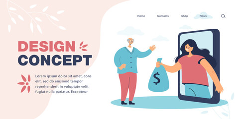 Girl giving moneybag to senior person through phone screen. Happy woman helping elderly man flat vector illustration. Volunteer, donation concept for banner, website design or landing web page