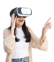 Asian Woman with VR Headset using Her Finger to Touch on Imaginary Button   on Transparent Background