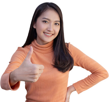 Asian Woman in Thumb Up or Like Gesture on Transparent Background
