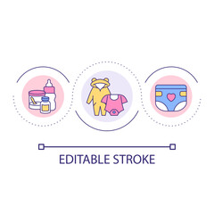Purchasing baby essentials loop concept icon. Newborn checklist abstract idea thin line illustration. Infant formula and clothing. Isolated outline drawing. Editable stroke. Arial font used