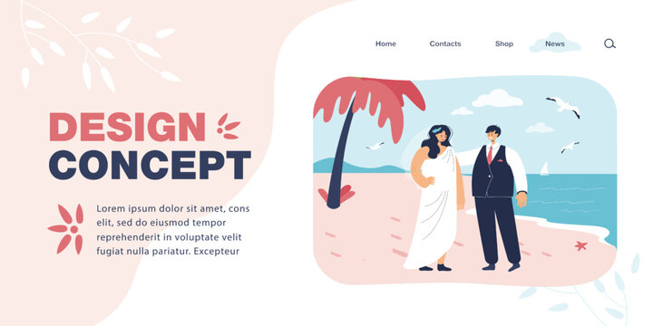 Happy bride and groom on beach flat vector illustration. Newlyweds having wedding ceremony on shore during summer vacation. Marriage, love concept for banner, website design or landing web page