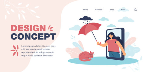 Girl holding umbrella over cat through phone screen. Woman taking care of her sleeping pet flat vector illustration. Love, friendship concept for banner, website design or landing web page