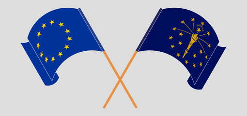Crossed and waving flags of the European Union and the State of Indiana
