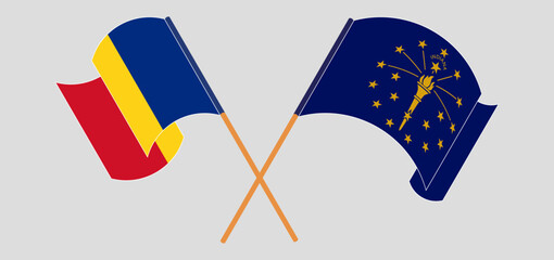 Crossed and waving flags of Romania and the State of Indiana