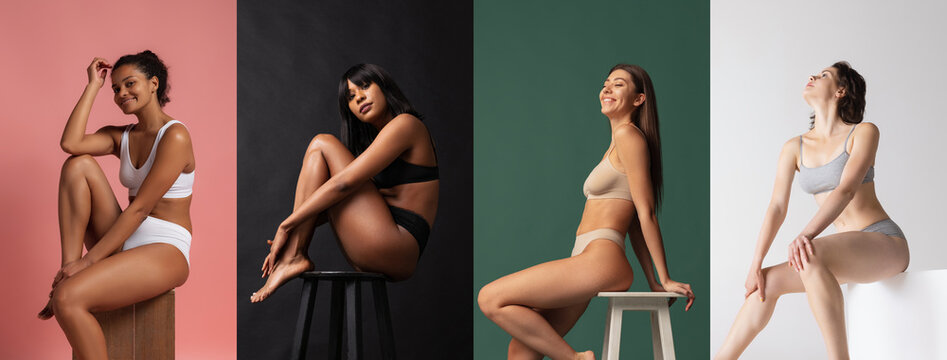 Portraits of young beautiful women wearing underwear isolated over colored background. Wellness, wellbeing, fitness, body positive, authenticity concept.
