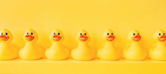 Banner yellow rubber ducks in a line toy design shelf decor. Rubber duck background. Rubber ducky...