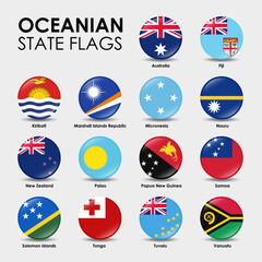 Set of Oceanian flags. Simple square-shaped flags on gray background. round