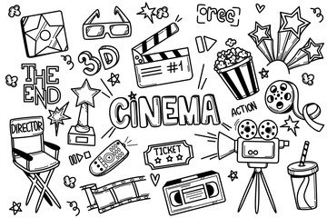 Hand drawn doodle movie set. Cinema theater and film making accessories. Symbols collection of popcorn, video tape, camera, clapperboard and director chair isolated on white background. - obrazy, fototapety, plakaty