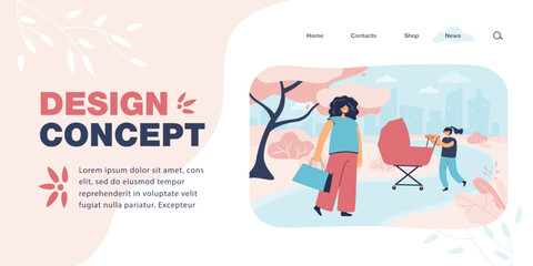 Elder sister wheeling baby carriage with mother. Parent and kid walking with newborn baby in park flat vector illustration. Help, love, family concept for banner, website design or landing web page