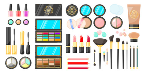 Different makeup products cartoon illustration set. Packages of decorative cosmetics, lipstick, mascara, eyeshadow, tinting cream, brushes, blush, powder, other womens stuff. Skin care, beauty concept