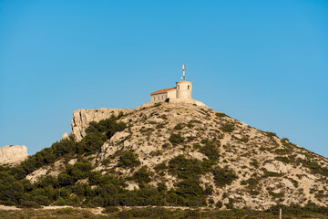 Observation tower at the top of mountain in Marseille of France