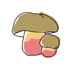 Boletus Satanas mushrooms. Isolated on white background. Poisonous forest mushroom. Hand drawn doodle. Line art with splashes of color added. Pastel colors. Vector.