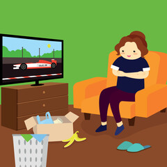 Fototapeta na wymiar A woman watches Formula 1 on TV sitting in an armchair, on the floor there are slippers, a banana peel, a box and a bucket