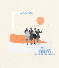 Contemporary art collage. Four cheerful, beautiful, stylish women walking together, talking, spreading rumors. Retro fashion