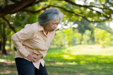 Sick Asian senior woman stomachache or Gastroenterologists, elderly have a stomach problem, acute...