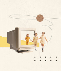 Contemporary art collage. Cheerful little girls, children walking out retro computer. Summertime holidays