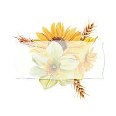 Watercolor flower frame of narcissus, sunflowers, wheat in yellow colors. Stand with Ukraine bouquet. For T-shirt or poster prints, cards, flyers, magazines, advertising, wedding stationery, packaging