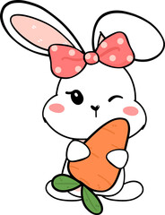 cute baby bunny rabbit Easter with egg and carrot, adorable cartoon hand drawing outline